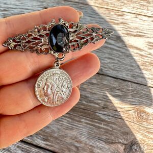 Vintage Victorian Brooch, Silver Tone Coin Charm, Black Stone